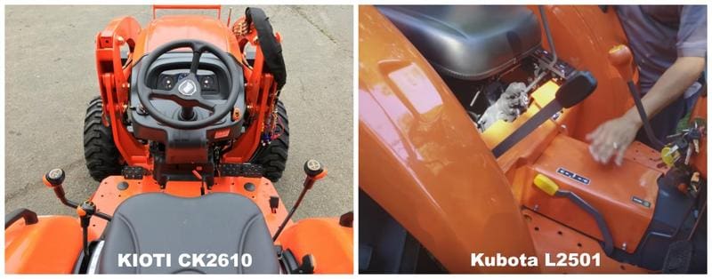 Side-by-side view of Kioti CK2610 and Kubota L2501 tractor operator stations, showing steering wheel and gear shift placement.