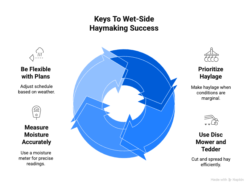 keys to wet side hay baling success. early cutting of haylage followed by a later second cutting for dry hay.